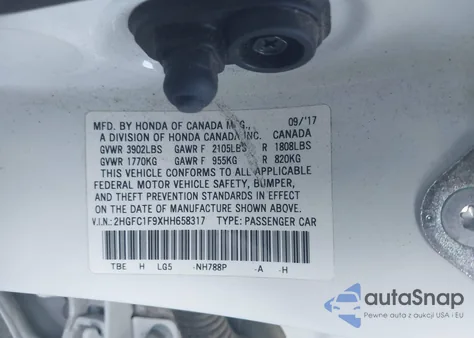 2017 Honda Civic Touring from USA, damaged, VIN 2HGFC1F9XHH658317